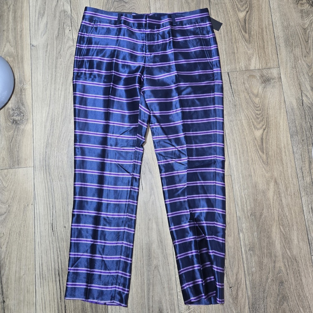 NWT Banana Republic Ryan Navy Blue Purple Striped Satin Trouser Pants Size 6S - Picture 1 of 8